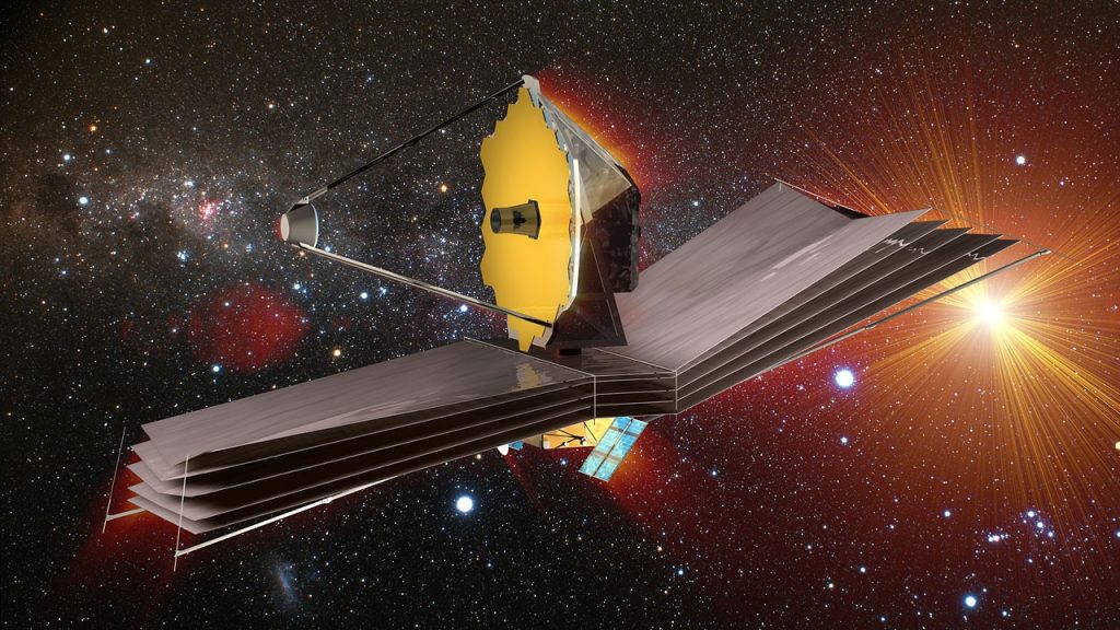 A James Webb-űrtávcső fantáziaképe, a háttérben néhány lehetséges égi célpontjával. (Kép: ESA)