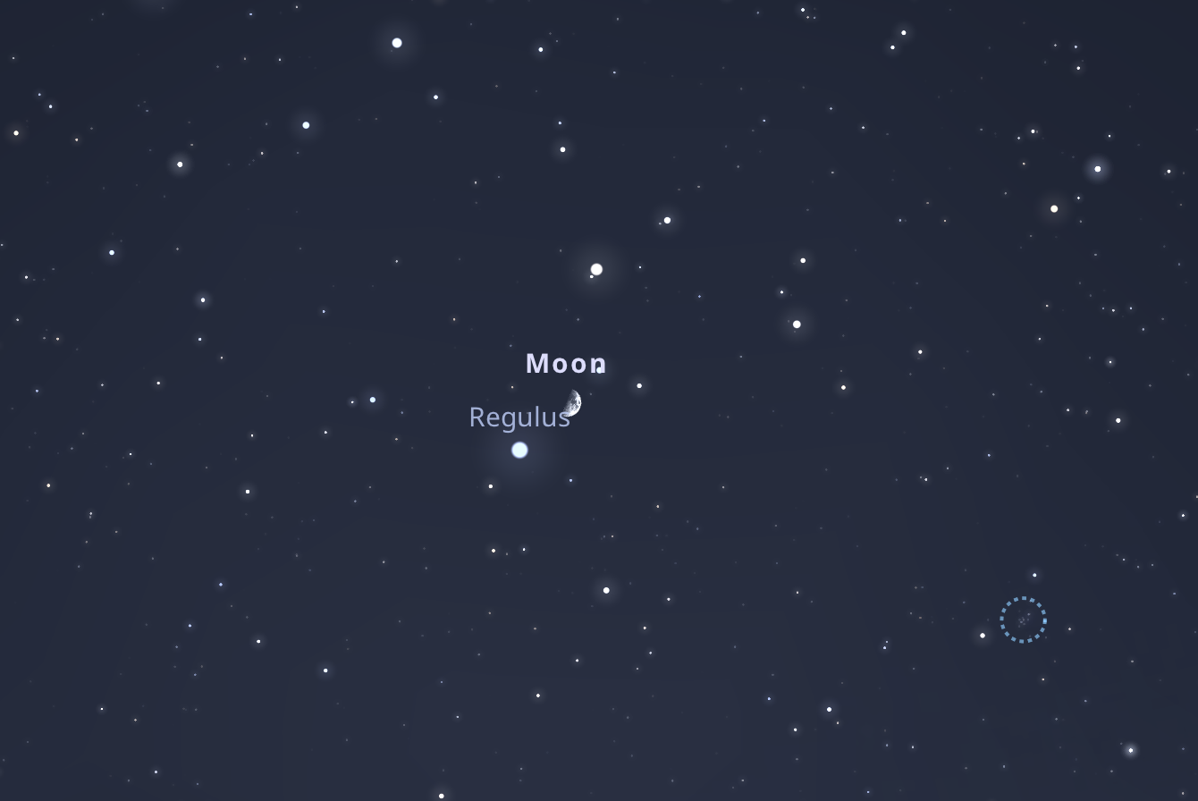 A Hold és a Regulus párosa május 15-én 22:00-kor a délnyugati égbolton. Stellarium-web.org