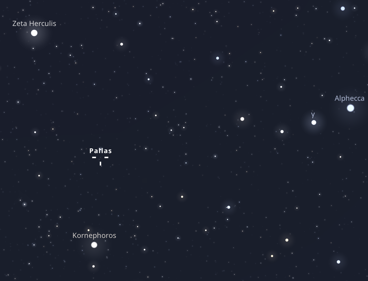 A (2) Pallas oppozícióban a Herkules csillagképben május 17-én 01:28-kor 68 fokos hori-zont feletti magasságban. Stellarium-web.org