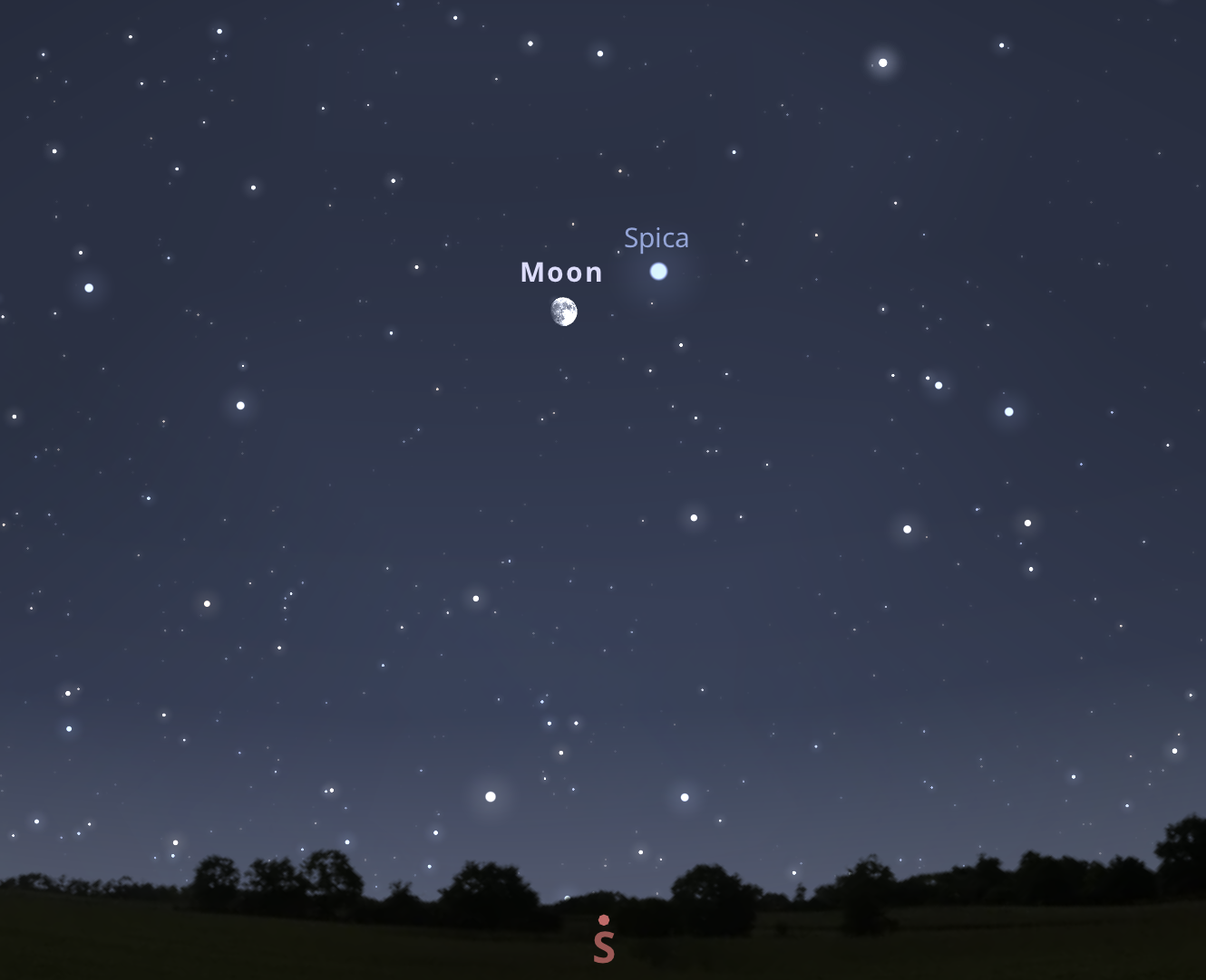 A Hold és a Spica együttállása május 20-án 22:34-kor a déli égbolton. Stellarium-web.org