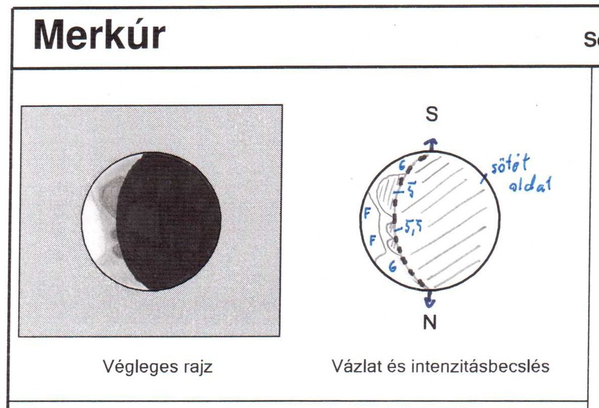 Cseh Viktor 2014 májusi rajza az akkor éppen 25%-os fázisú Merkúrról. A részletek megdöbbentőek - az avatatlan szem gyakran csak egy elmosódott pacát lát (és annak is mennyire örül!). Forrás: MCSE észlelésfeltöltő.