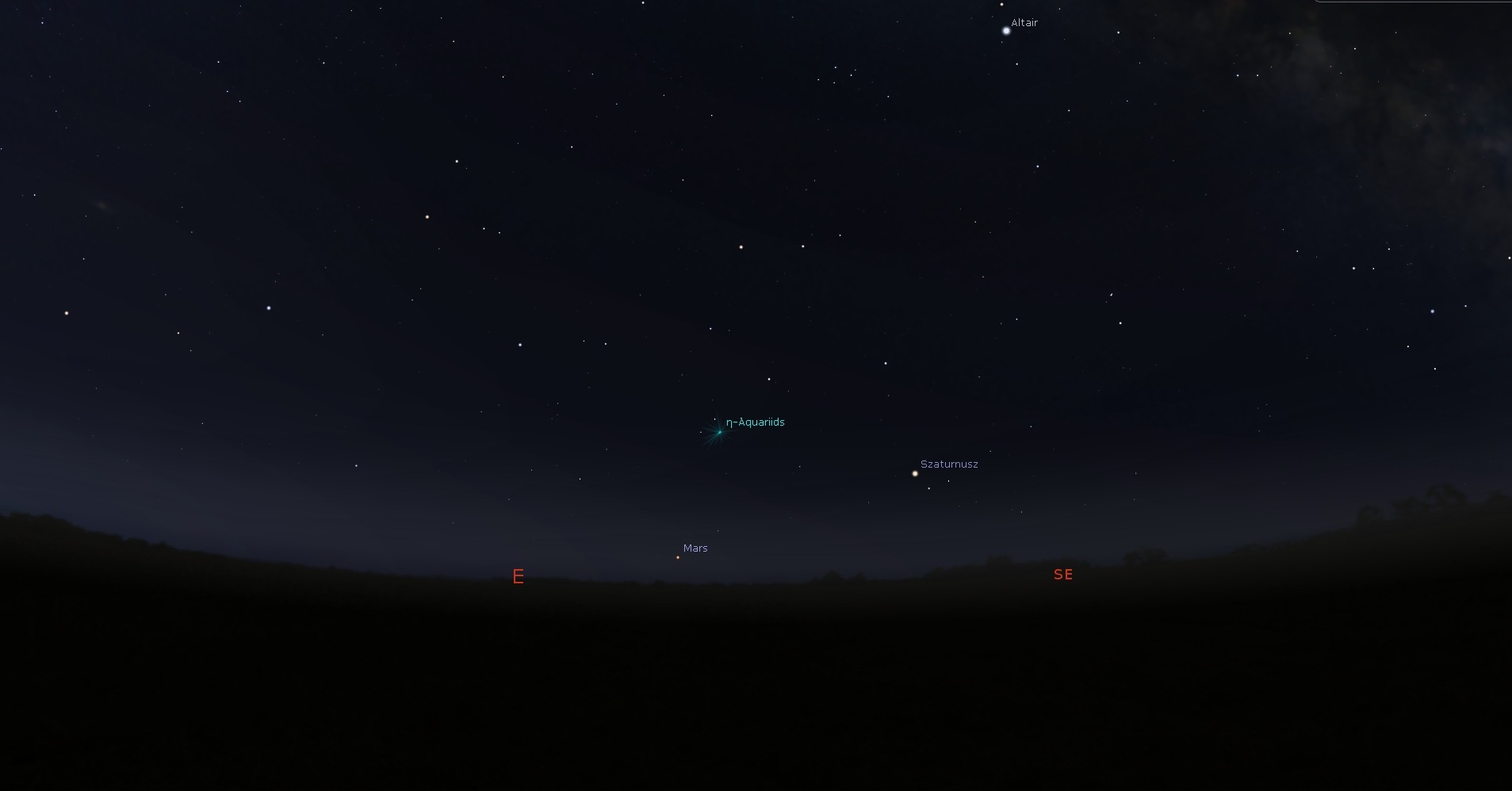 Stellarium-szimuláció a keleti-délkeleti égről május 6-án, hajnali háromnegyed négykor.