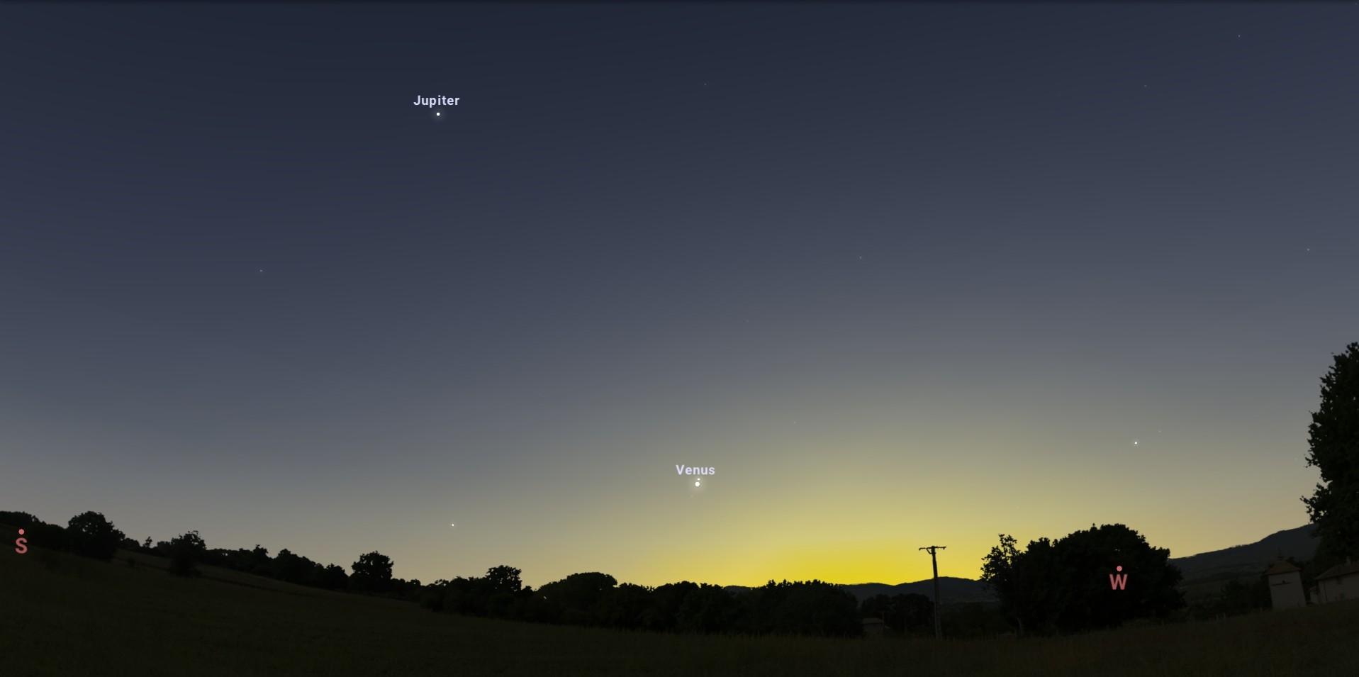 A Vénusz és szorosan felette a halvány Szaturnusz látványa 2023.01.22-én 17:12-én. Forrás: Stellarium online