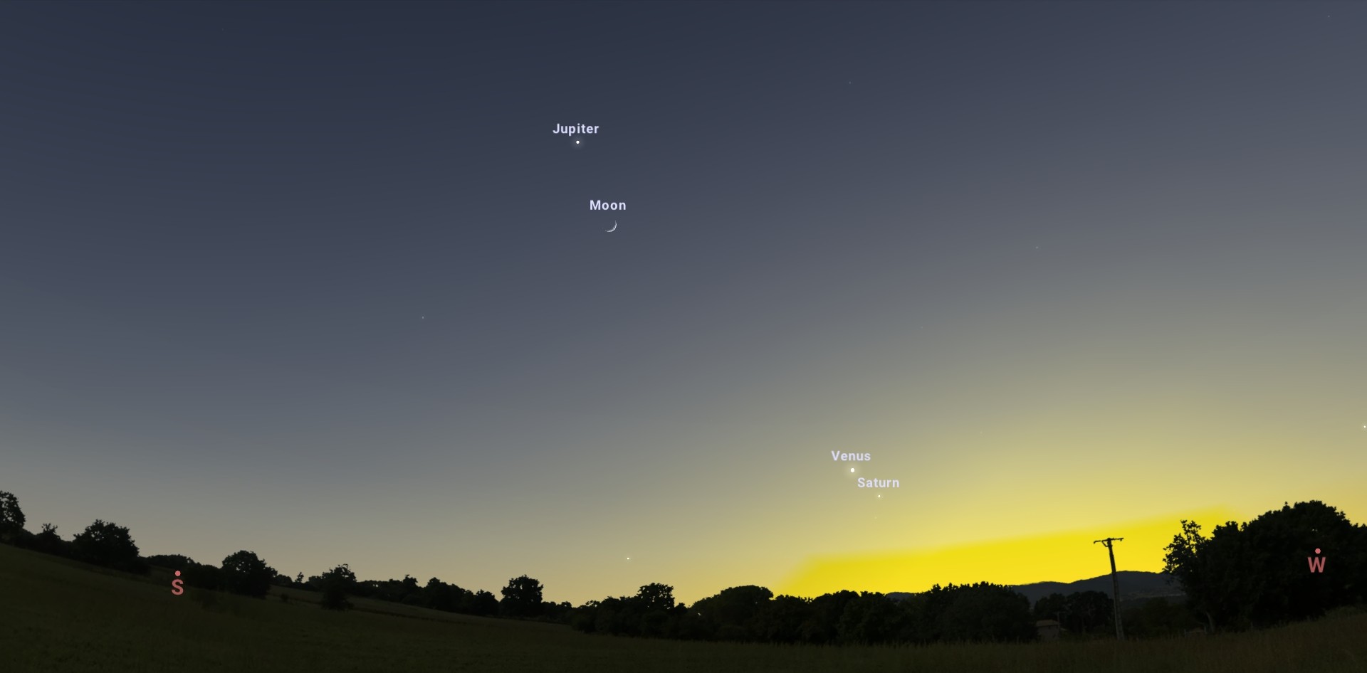 2022.01.25-én 17:12-kor a Vénusz–Szaturnusz és a Hold–Jupiter alkot majd együttálló párokat. Forrás: Stellarium online