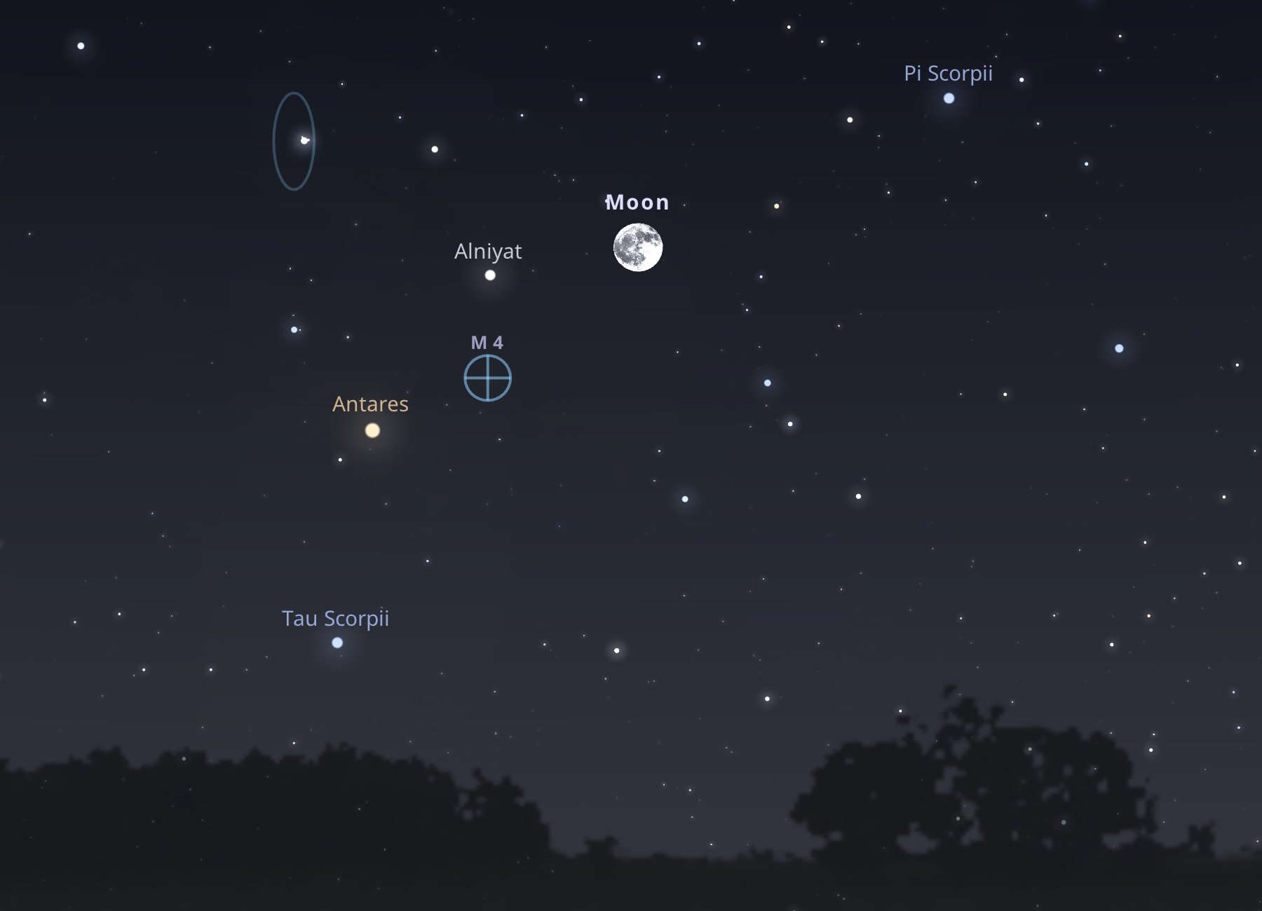 Az Antares, az M4 és a telihold május 23-án 22:00-kor hat fokos horizont feletti magasság-ban. Stellarium-web.org