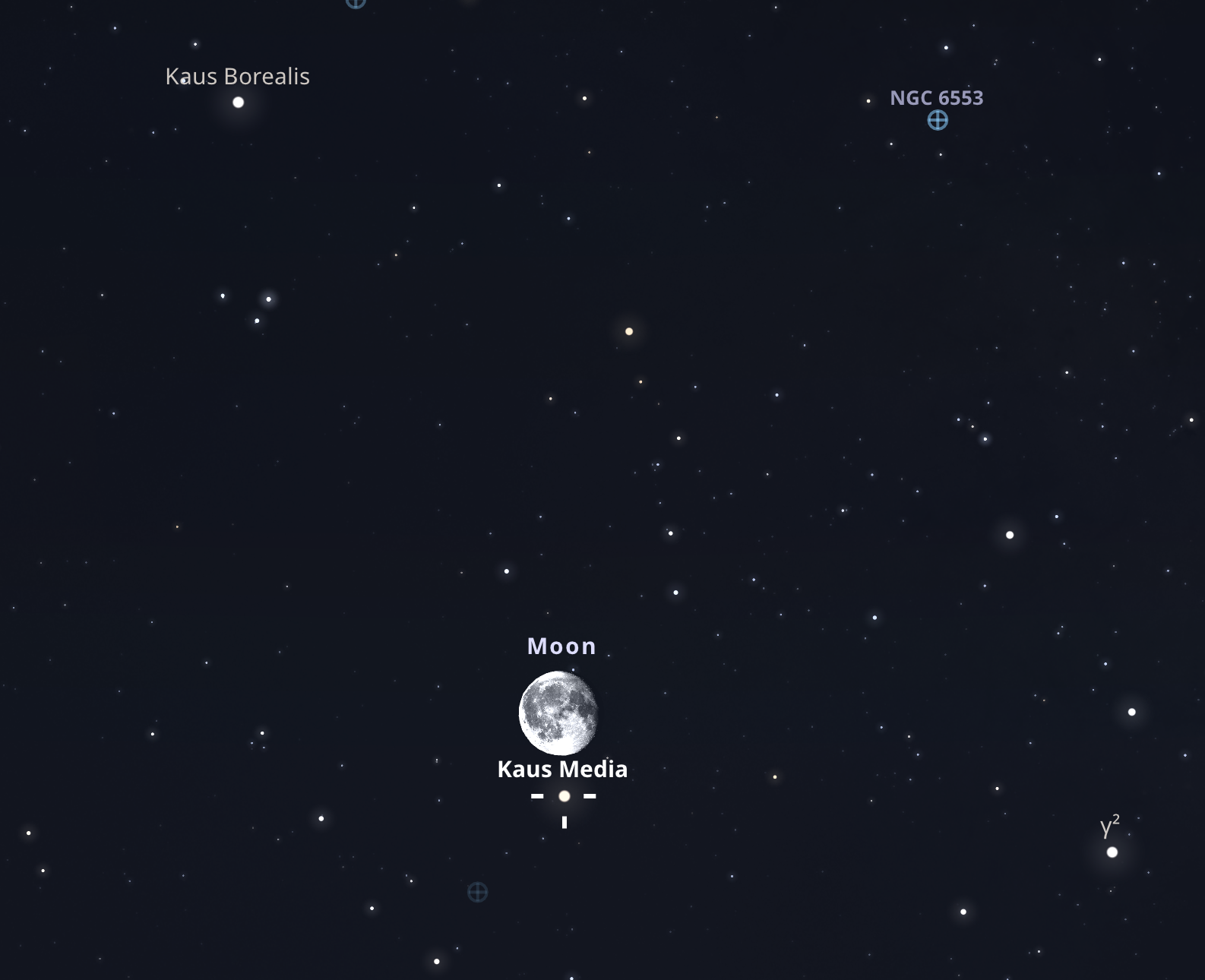 A Hold és a Kaus Media párosa május 26-án 02:20-kor a déli égbolton. Stellarium-web.org
