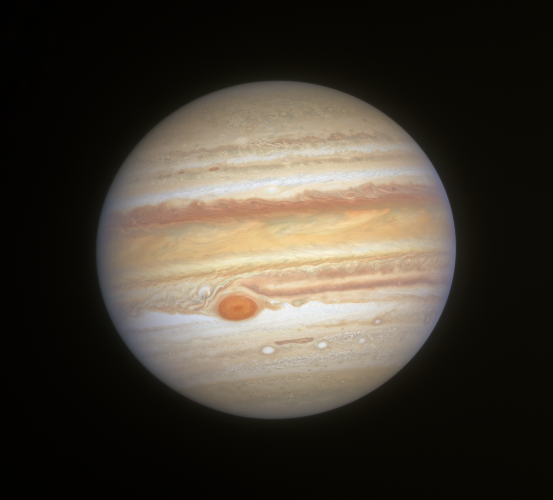 A Jupiter a HST felvételén 2019. július 21-én Judy Schmidt utómunkálataival (Wikimedia Commons)