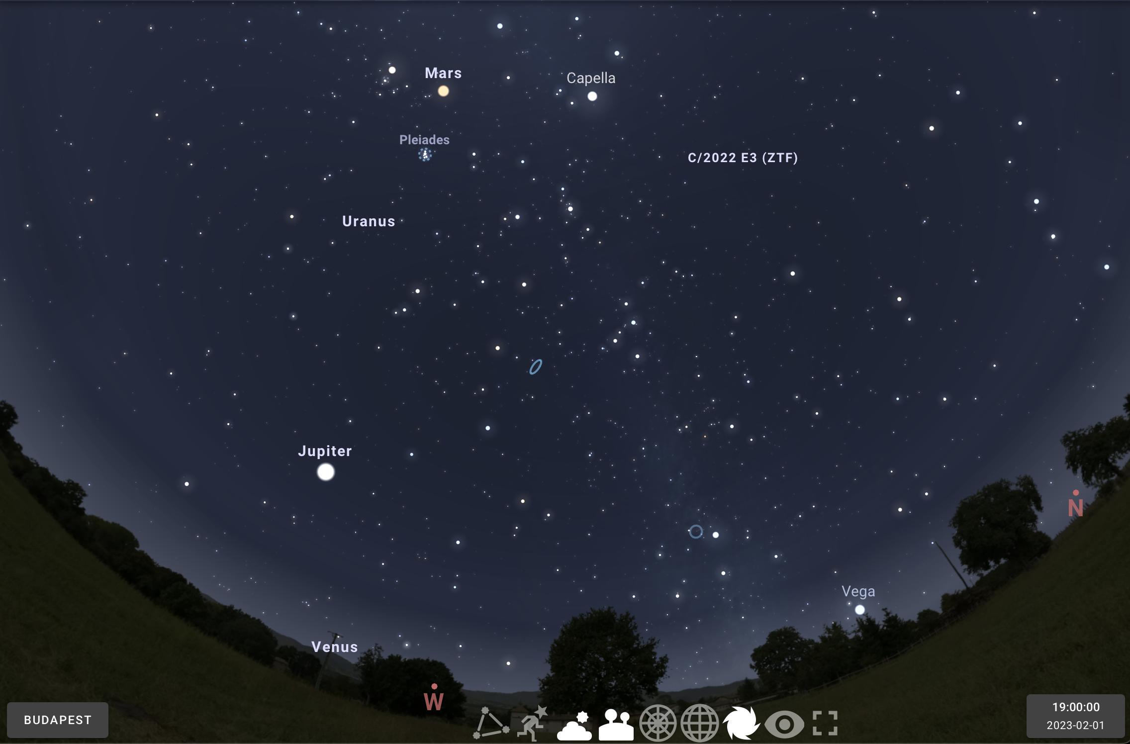 Az üstökös láthatósága a február elsejei földközelségekor este hét órakor Budapestről  (Stellarium)