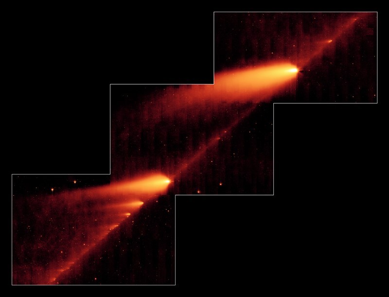 A darabokra szakadt és szétsodródott 73P/Schwassmann-Wachmann üstökös 2006-ban, a NASA Spitzer űrtávcsövének képén. Forrás: NASA, https://www.jpl.nasa.gov/news/spitzer-telescope-sees-trail-of-comet-crumbs