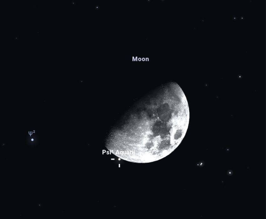 A Pszi1 csillag kilépése a Hold déli részén, 20:55-kor. FORRÁS: Stellarium-web.org.
