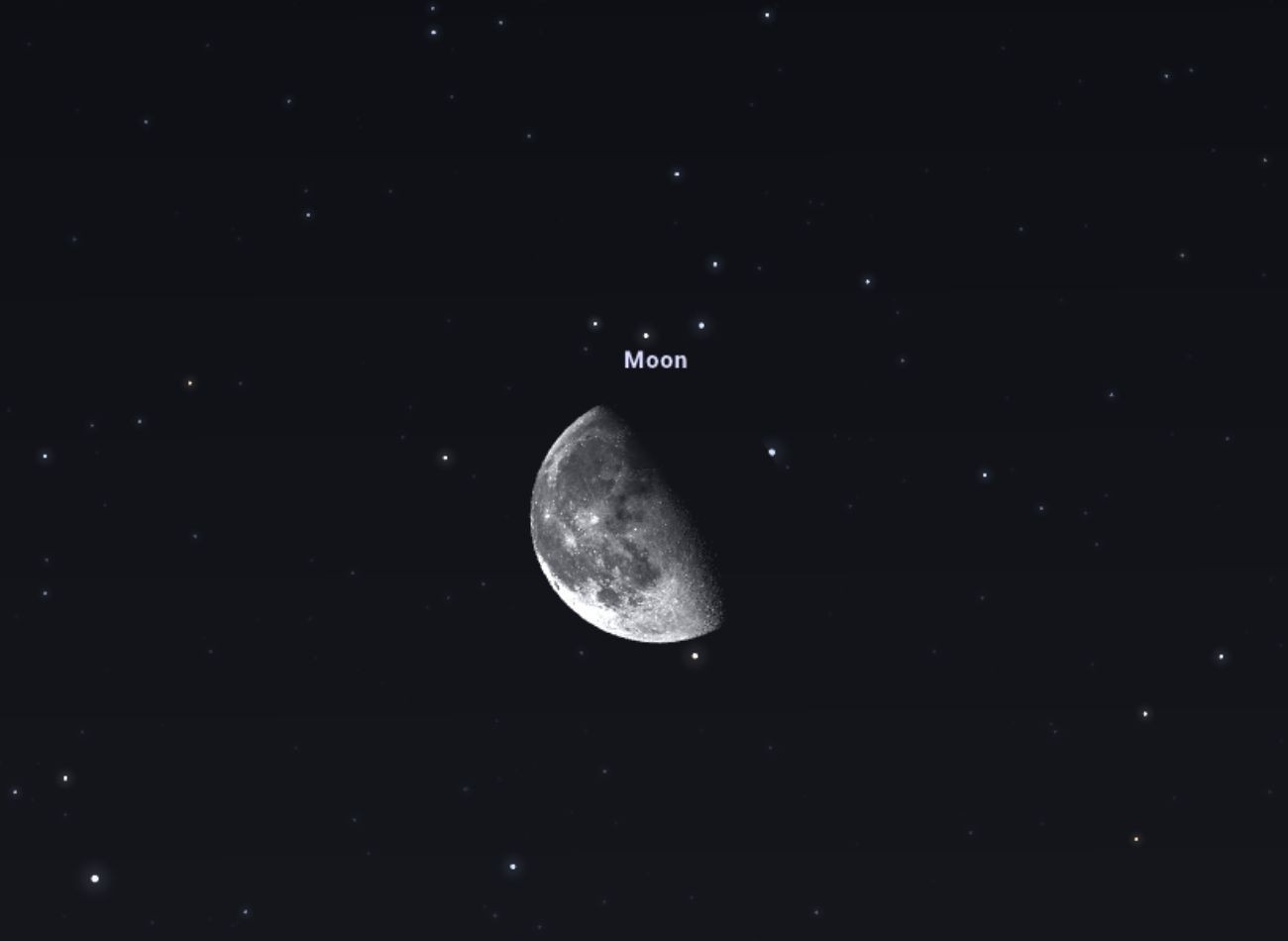 A kedd esti csillagfedés során 22:36-kor kilép a HD 23950 katalógusszámú csillag a Hold mögül a jobb oldalon. FORRÁS; Stellarium-web.org