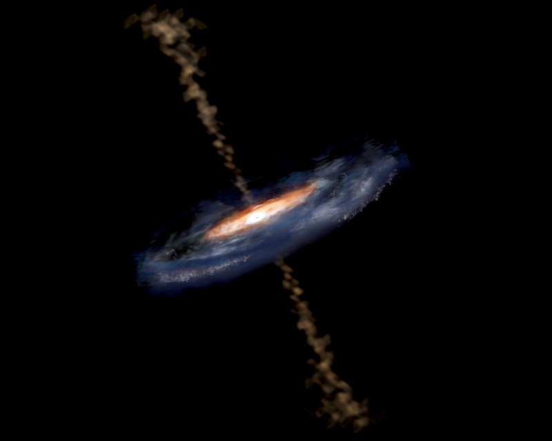 Fantáziakép a galaxismag aktivitását „hajtó” központi fekete lyuk környezetét elhagyó, rádiósugárzást is kibocsátó plazmanyalábokról. (Kép: Aurore Simonnet, Sonoma State University) 