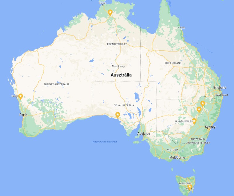 Az LBA ausztráliai állomásainak helye a Google térképén megjelölve