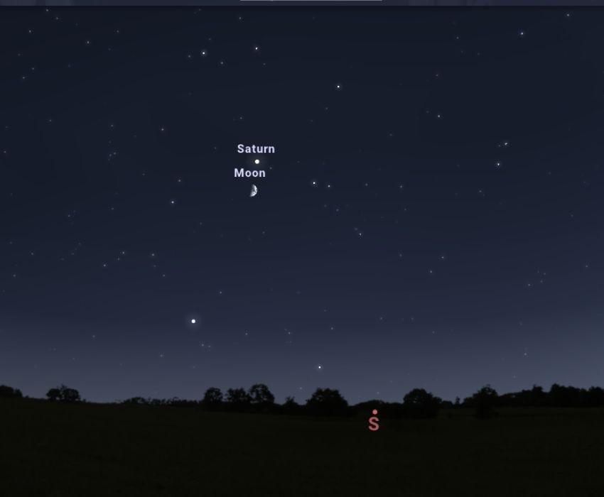 A Hold és a Szaturnusz helyzete a déli égbolton 17:00-kor. FORRÁS: Stellarium-web.org
