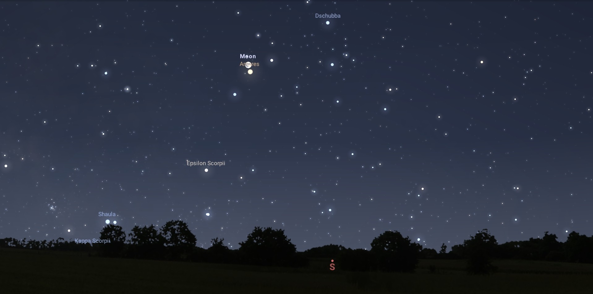 A páros méretarányos ábrázolása 2023. 06. 03-án 23:55-re vonatkoztatva. A valóságban sokkal nagyobbnak fog tűnni a Hold és ragyogóbbnak az Antares. Forrás: Stellarium