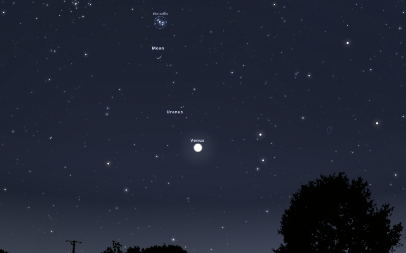 A holdsarló és a Fiastyúk március 25-én az esti égbolton. Stellarium-web.org
