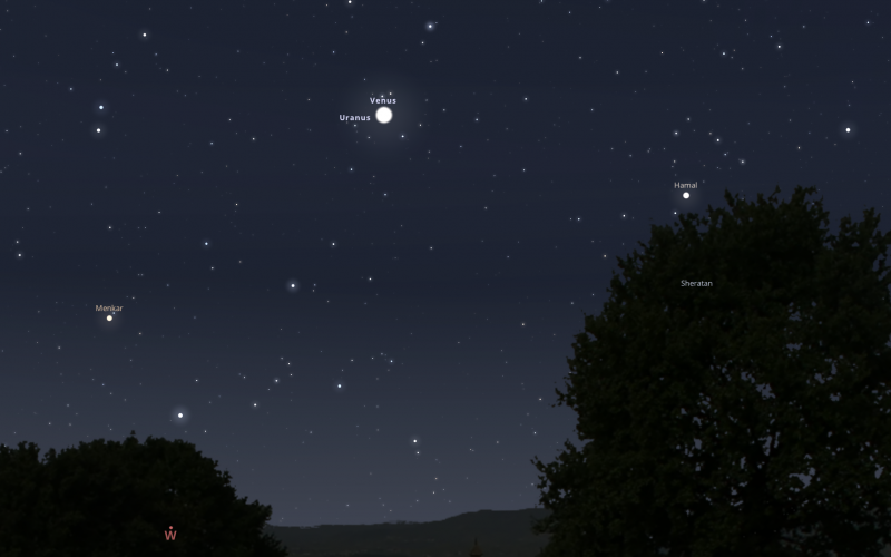 A Vénusz és az Uránusz március 30-án, alkonyat után. Stellarium-web.org