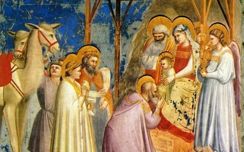 3. Giotto di Bondone: A Mágusok imádata c. képe, a Halley üstökös ihlette üstökösszerű betlehemi csillaggal. Forrás: Wikimedia Commons
