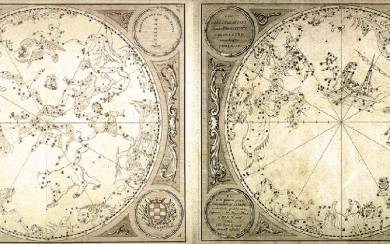 Prolemaiosz csillagképeinek ábrázolása az 1750-es évekből. A jobb oldali képen látható a déli égbolt, a nagy üres terület annak tudható be, hogy az Alexandriából soha nem látható. Képek forrása: https://www.wallhapp.com/