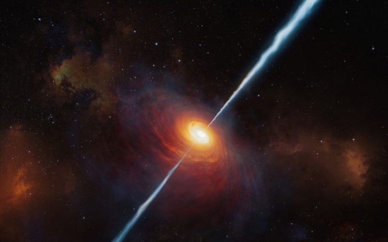 Egy rádiókvazár hozzávalói: a központi szupernagy tömegű fekete lyuk körül örvénylő anyagbefogási korong, és a rá merőlegesen, két ellentétes irányban kilövellő anyagsugarak. (Fantáziakép: ESO / M. Kornmesser) https://cdn.eso.org/images/large/eso2103a.jpg