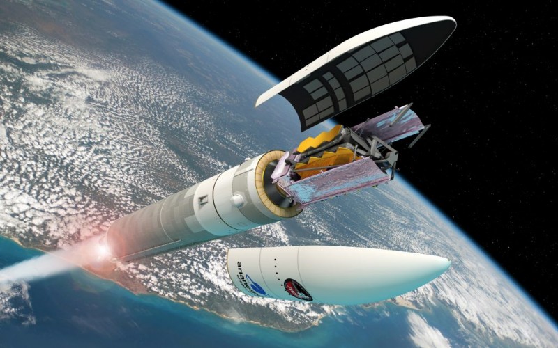 Fantáziaképen az „összecsomagolt” JWST, amint a világűrt elérve leválik róla az Ariane–5 rakétának a légköri emelkedés ideje alatt a hasznos terhet védő orrburkolata. (Kép: ESA / D. Ducros)