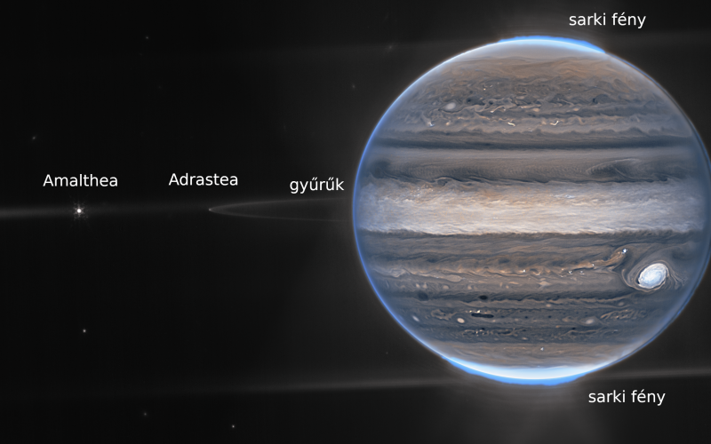 A JWST közeli infravörös felvétele a Jupiterről. Forrás: NASA, ESA, CSA, Jupiter ERS Team; adatok feldolgozása: Ricardo Hueso (UPV/EHU) és Judy Schmidt 