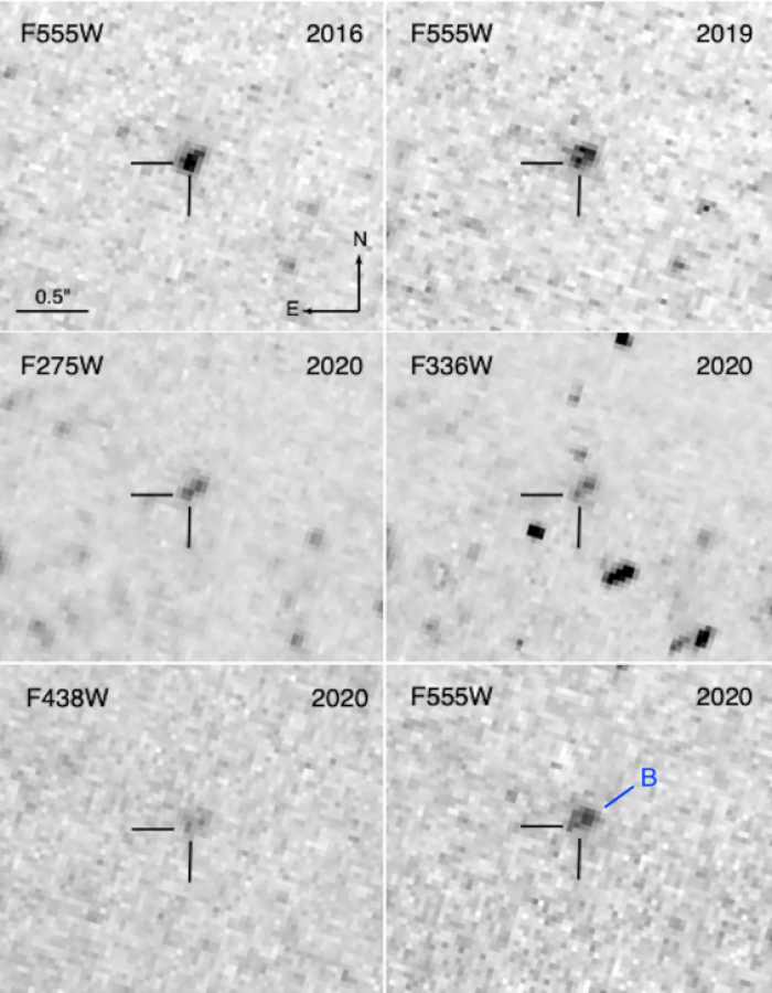 Az SN 2013ge szupernóva és a B Forrás égi helyzete az idők során, a Hubble-űrtávcső felvételein. Jobbra fent az évszám, balra fent a távcső különböző szűrőinek kódja látható. Az F555W szűrővel három évben is készült felvétel, mely sorozaton látható, hogy míg a szupernóva fényessége csökkent, a B Forrásé közel állandó maradt. A jobb alsó képen kék B jelöli a B Forrás helyét. Forrás: Fox et al. 2022., https://arxiv.org/abs/2203.01357 