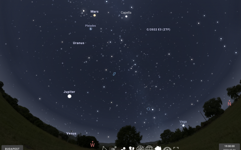 Az üstökös láthatósága a február elsejei földközelségekor este hét órakor Budapestről  (Stellarium)