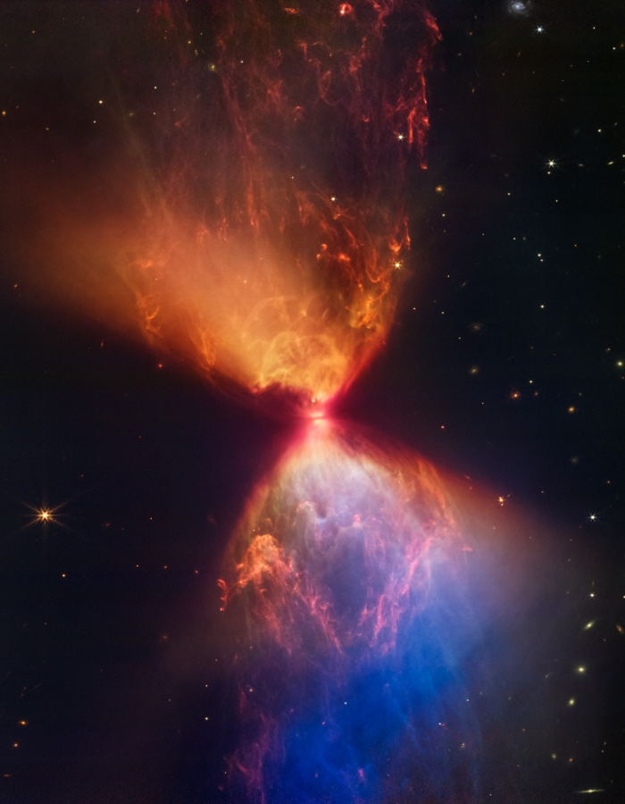 Az L1527 felhőben születő csillag a JWST felvételén. Forrás: NASA, ESA, CSA, STScI. Adatok feldolgozása: Joseph DePasquale (STScI), Alyssa Pagan (STScI), Anton M. Koekemoer (STScI) 