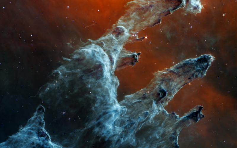 A JWST középinfravörös kamerájának felvétele a Teremtés Oszlopairól. Forrás: NASA, ESA, CSA, STScI. Adatok feldolgozása:  Joseph DePasquale (STScI), Alyssa Pagan (STScI) 
