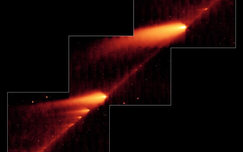 A darabokra szakadt és szétsodródott 73P/Schwassmann-Wachmann üstökös 2006-ban, a NASA Spitzer űrtávcsövének képén. Forrás: NASA, https://www.jpl.nasa.gov/news/spitzer-telescope-sees-trail-of-comet-crumbs
