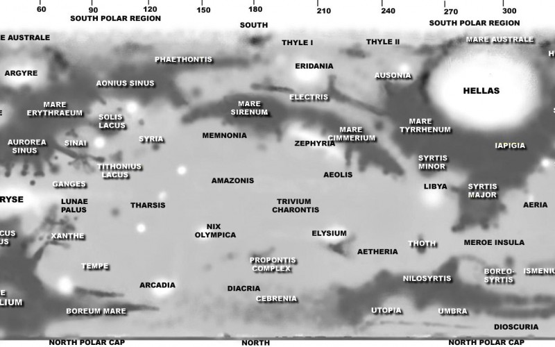 Az ALPO kistávcsöves Mars-térképe. Forrás: ALPO