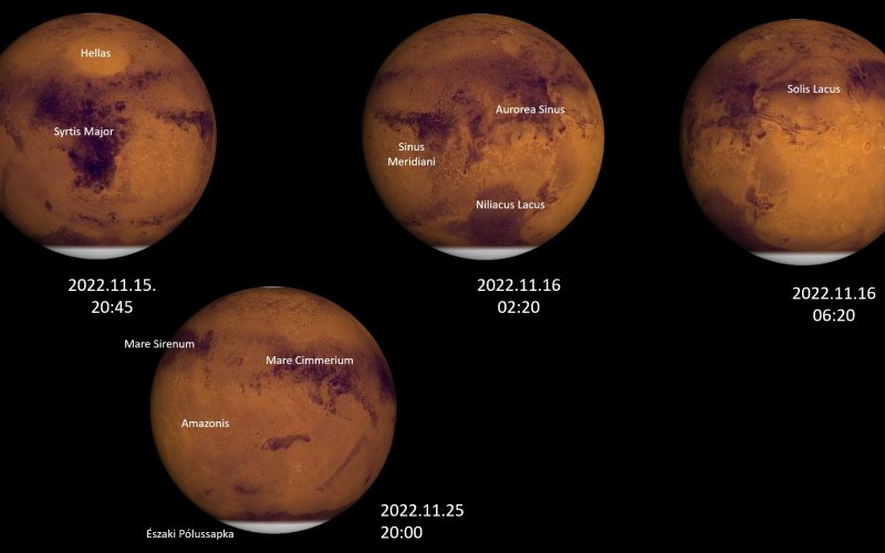 A Mars arcai 2022 novemberében, a szövegben említett legjellegzetesebb alakzatokkal. Winjupos szimulációk.