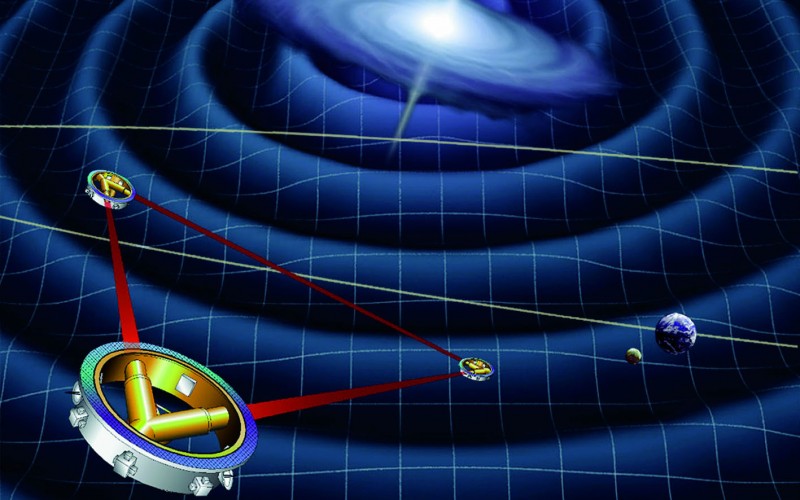A tervezett LISA űrbeli gravitációshullám-detektor alkalmas lesz a szupernagy tömegű fekete lyukak összeolvadását kísérő jelek észlelésére. (Forrás: ESA)  