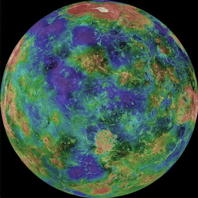 A tényleg szép Vénusz topográfiai térképe, ahol a kékes színek alacsonyabb, a pirosas színek pedig magasabb régiók. Forrás: Wikipedia